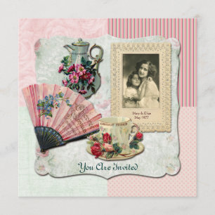 Vintage French Floral Teacup Pink Fan Lace Frame Invitation