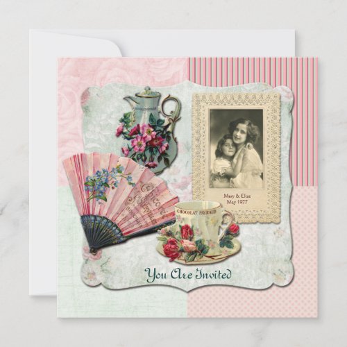 Vintage French Floral Teacup Pink Fan Lace Frame Invitation