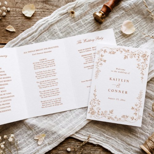 Vintage French Floral Terracotta Orange Wedding Tri-Fold Program