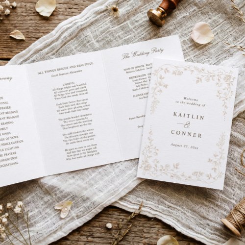 Vintage French Floral Toile Beige Tan Wedding Tri-Fold Program