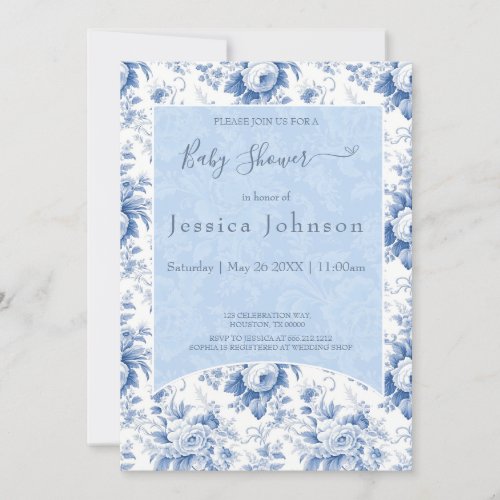 Vintage French Floral Toile Blue Baby Shower Invitation