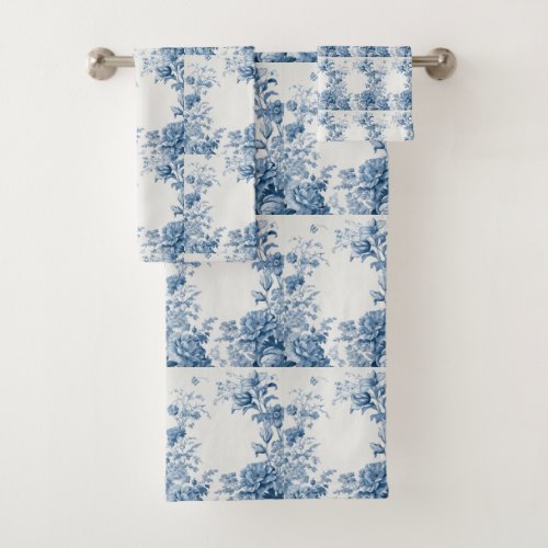 Vintage French Floral Toile Blue Bath Towel Set