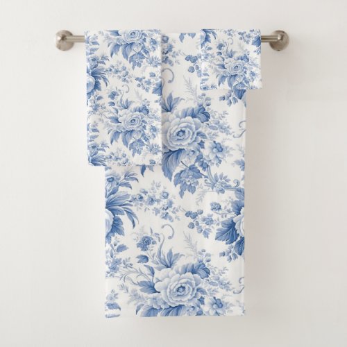 Vintage French Floral Toile Blue Bath Towel Set