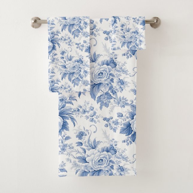 Vintage French Floral Toile Blue Bath Towel Set (Insitu)