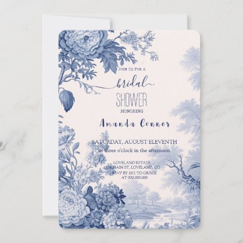 Vintage French Floral Toile Blue Bridal Invitation