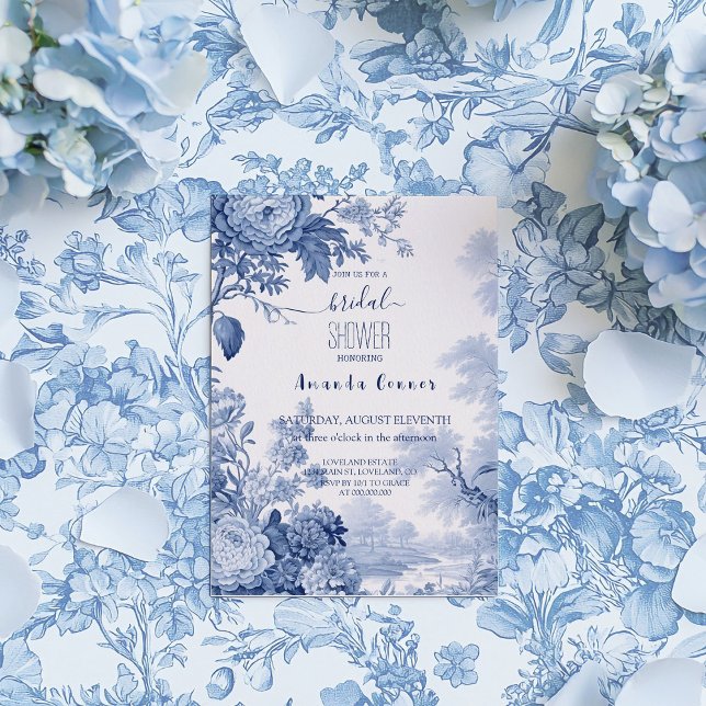 Vintage French Floral Toile Blue Bridal Invitation (Creator Uploaded)