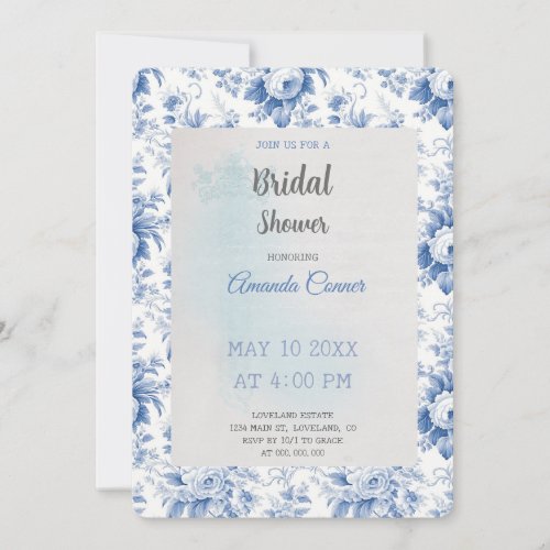 Vintage French Floral Toile Blue Bridal Shower Invitation