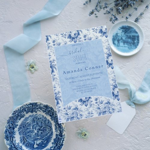 Vintage French Floral Toile Blue Bridal Shower Invitation