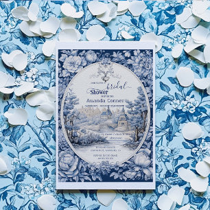 Vintage French Floral Toile Blue Bridal Shower Invitation