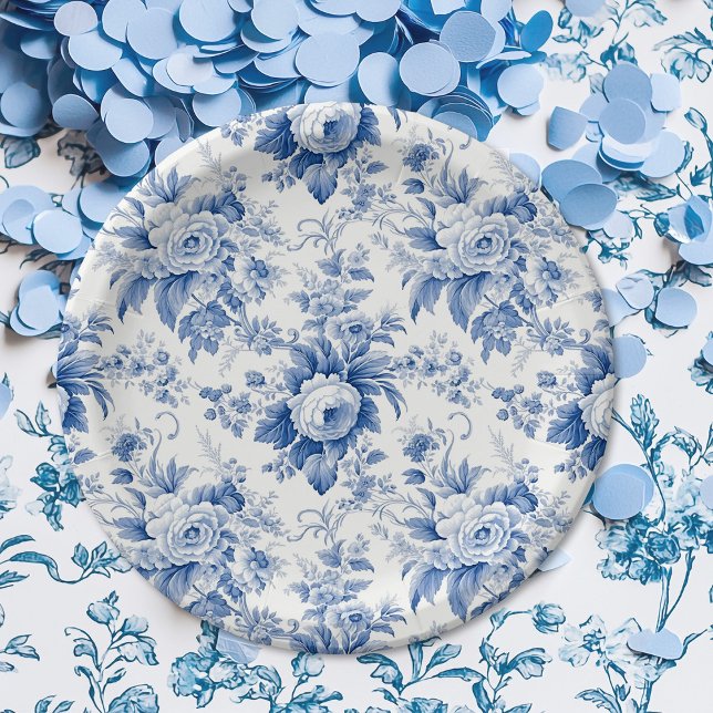 Vintage French Floral Toile Blue Paper Plates (Creator Uploaded)