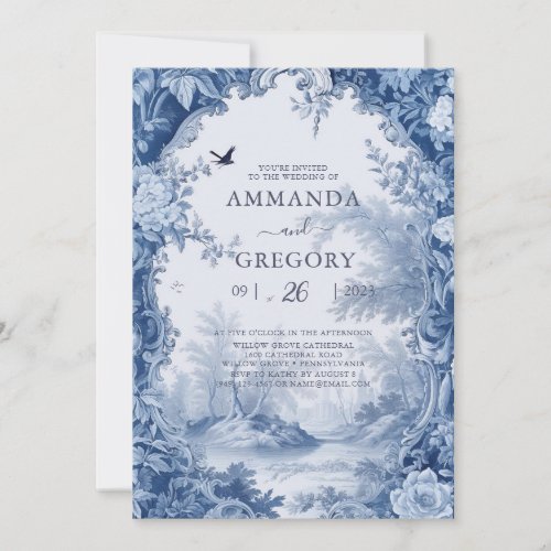 Vintage French Floral Toile Blue Wedding  Invitation