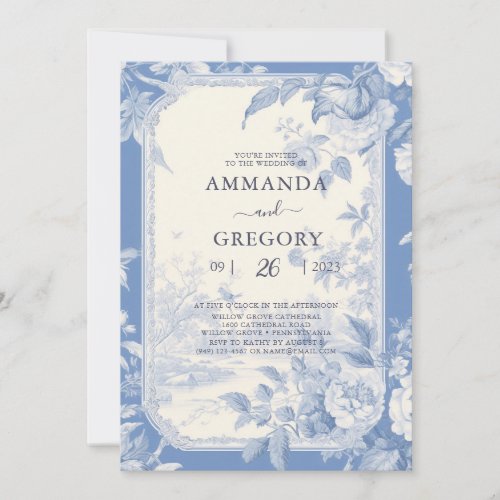 Vintage French Floral Toile Blue Wedding  Invitation