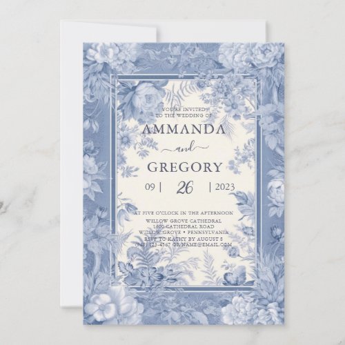 Vintage French Floral Toile Blue Wedding  Invitation