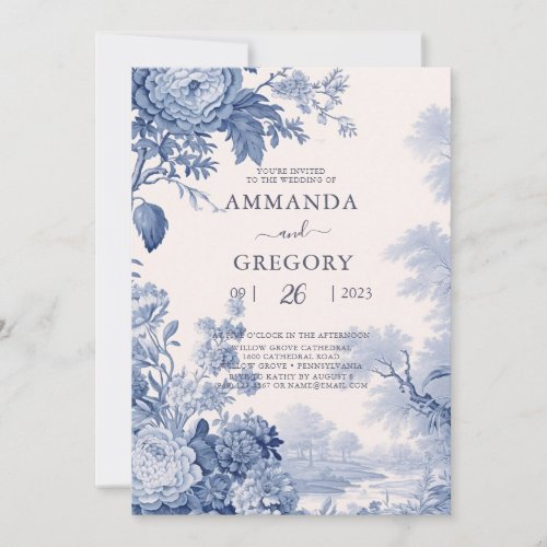 Vintage French Floral Toile Blue Wedding  Invitation