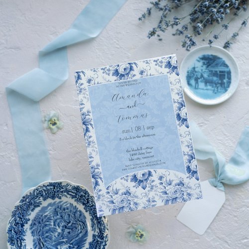 Vintage French Floral Toile Blue Wedding Invitation