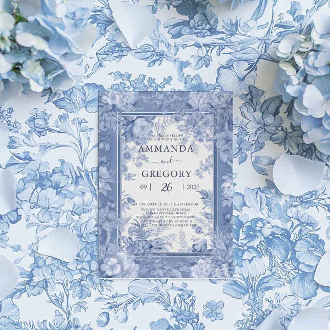 Vintage French Floral Toile Blue Wedding  Invitation (Creator Uploaded)