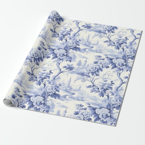 Vintage French  Floral Toile Blue  Wrapping Paper