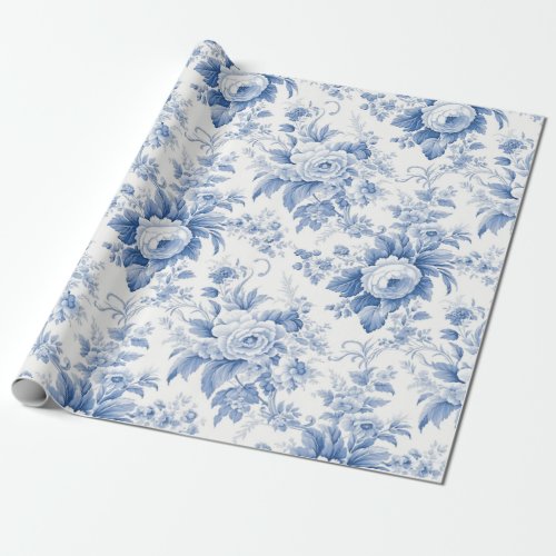 Vintage French Floral Toile Blue Wrapping Paper