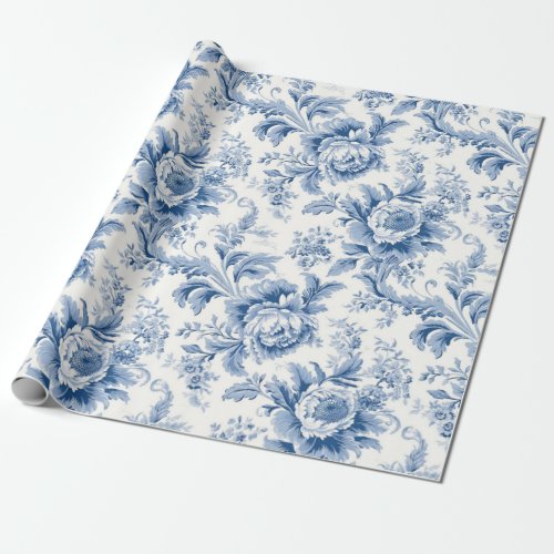Vintage French Floral Toile Blue Wrapping Paper