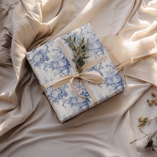 Vintage French Floral Toile Blue Wrapping Paper