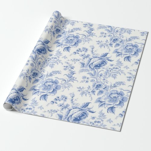 Vintage French Floral Toile Blue Wrapping Paper