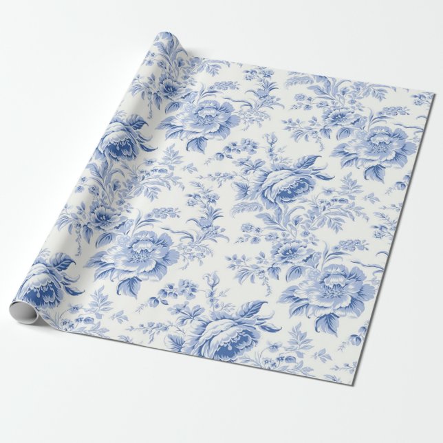 Vintage French Floral Toile Blue Wrapping Paper (Unrolled)