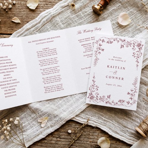 Vintage French Floral Toile Burgundy Red Wedding Tri-Fold Program