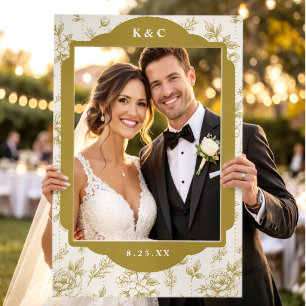 Vintage French Floral Toile Gold Ivory Wedding Selfie Frame