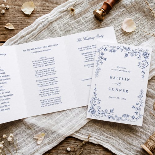 Vintage French Floral Toile Navy Blue Wedding Tri-Fold Program