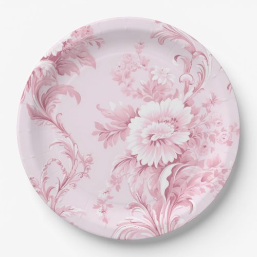 Vintage French Floral Toile Pink Paper Plates
