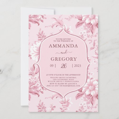 Vintage French Floral Toile Pink Wedding  Invitation