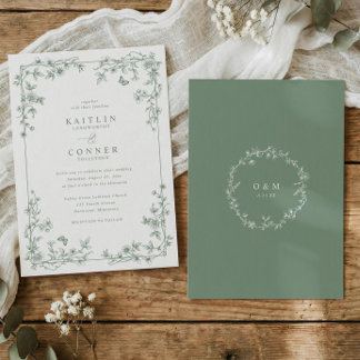 Vintage French Floral Toile Sage Wedding Invitation