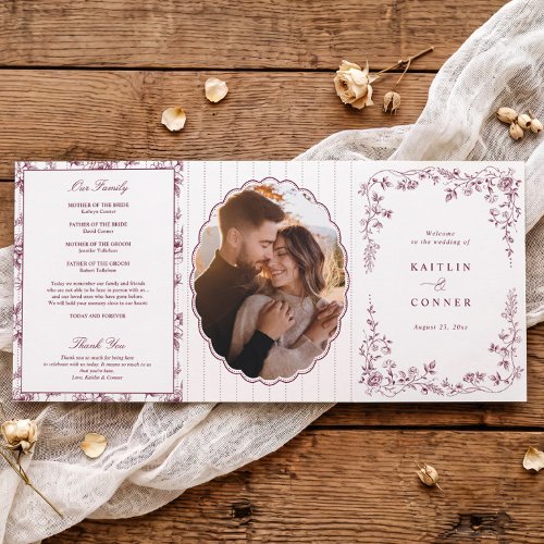 Vintage French Floral Toile Wine Red Wedding Tri-Fold Program