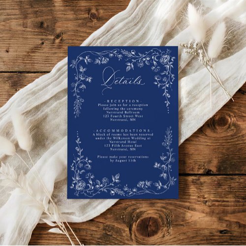 Vintage French Floral Wedding Details Navy Blue Enclosure Card