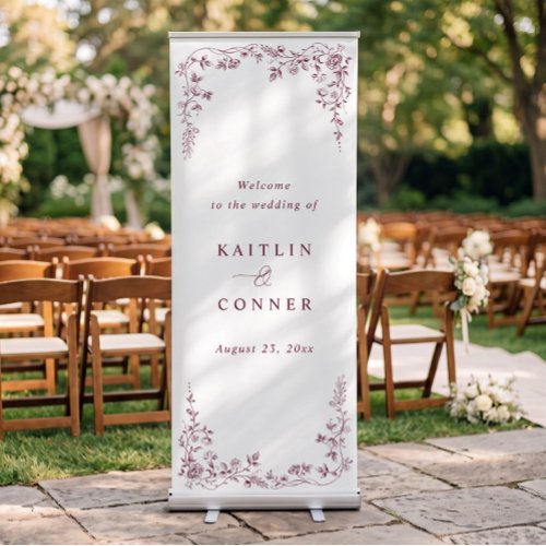 Vintage French Floral Wine Red Wedding Welcome Retractable Banner