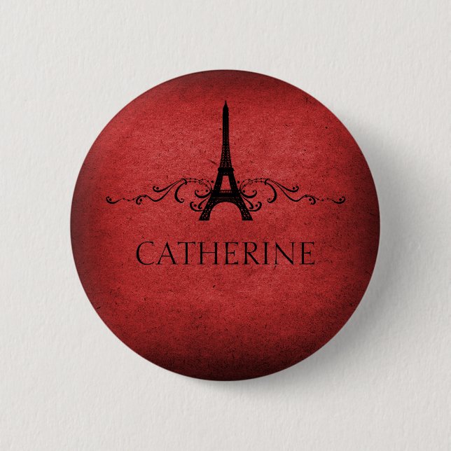 Vintage French Flourish Button, Red Pinback Button (Front)