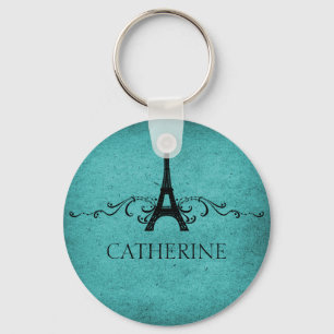 Vintage French Flourish Keychain, Teal Keychain