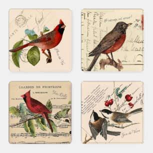 Vintage French Garden Bird Postcard Coasters