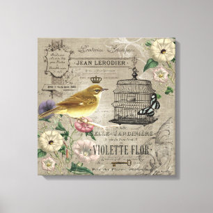 Vintage French garden bird stetched canvas