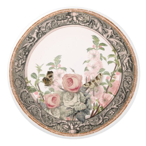 Vintage French Garden Blush Pink Floral Foliage Ceramic Knob