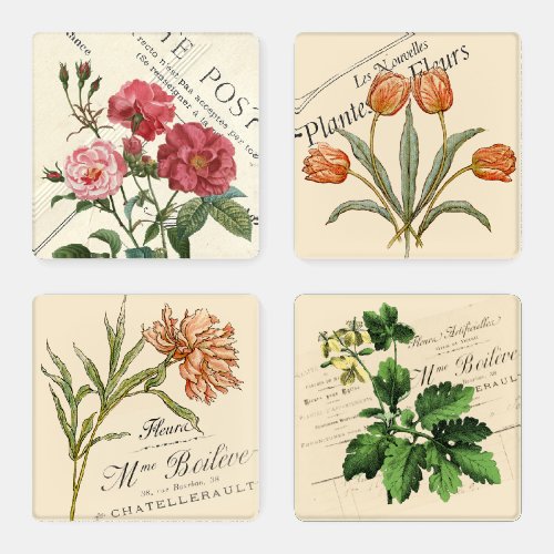 Vintage French Garden Flower Postcard Coaster Set