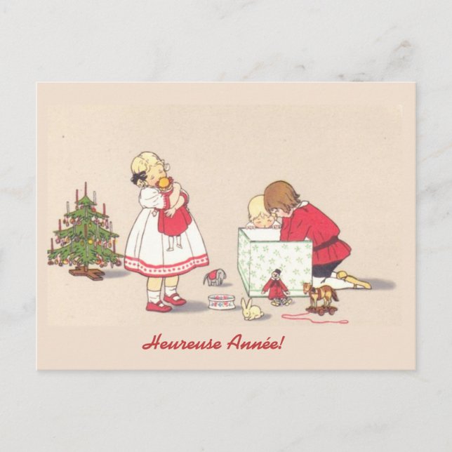 Vintage French Gift Girl Boy Christmas Tree Toy Holiday Postcard (Front)
