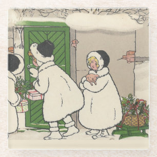 Vintage French Gift Girls Christmas Glass Coaster