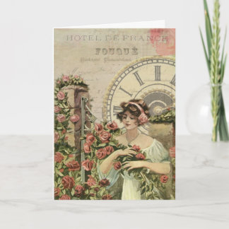 Vintage French Girl Roses Greeting Card
