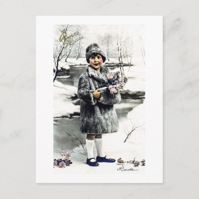 Vintage French Girl Winter Postcard (Front)