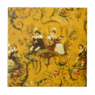 Vintage French Gold Yellow Toile Victorian Floral Ceramic Tile