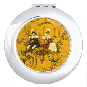 Vintage French Gold Yellow Toile Victorian Floral Compact Mirror