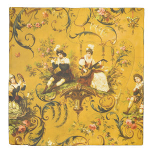 Vintage French Gold Yellow Toile Victorian Floral Duvet Cover