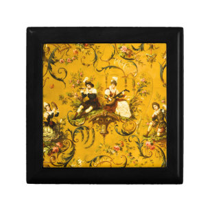 Vintage French Gold Yellow Toile Victorian Floral Gift Box