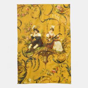 Vintage French Gold Yellow Toile Victorian Floral Kitchen Towel